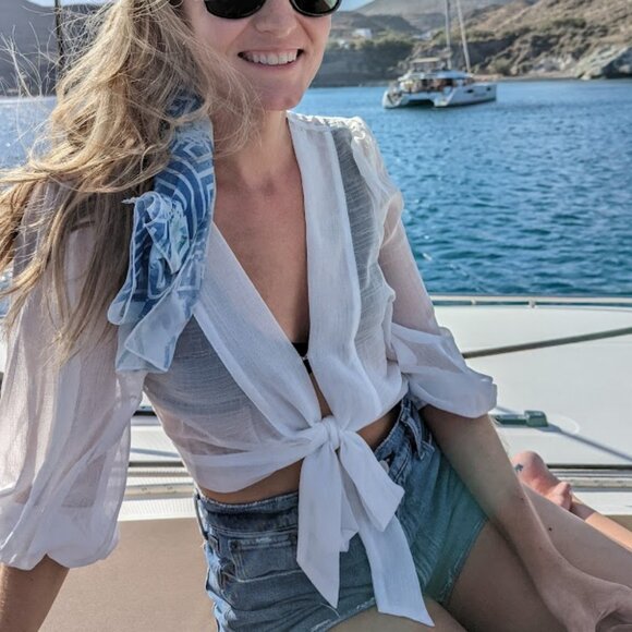 Lulus In The Breeze White Sheer Long Sleeve Tie-front Top - Size M - Picture 6 of 6